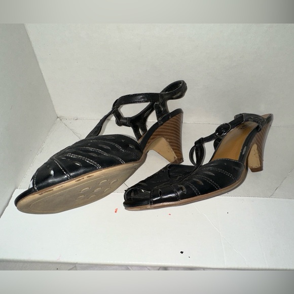 SO Sz 7-7.5 Black Heel Sandals for Women Cut Out Peep Toe Wood Heel Buckle - Picture 3 of 5